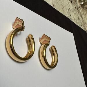 Signed Trifari Enamel Hoop Clip On Earrings Gold Tone
